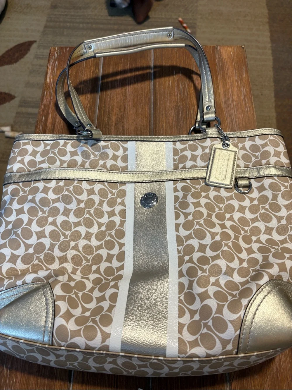 Coach Beige Signature Tote with Metallic Silver Trim